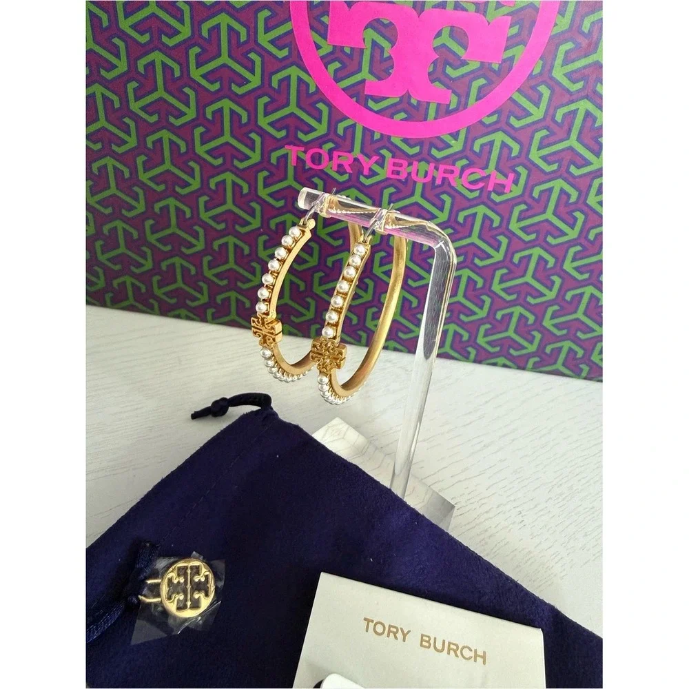 Tory Burch Britten Large T Logo Gold Tone Hoops Hoop Earrings w Imitation Pearls